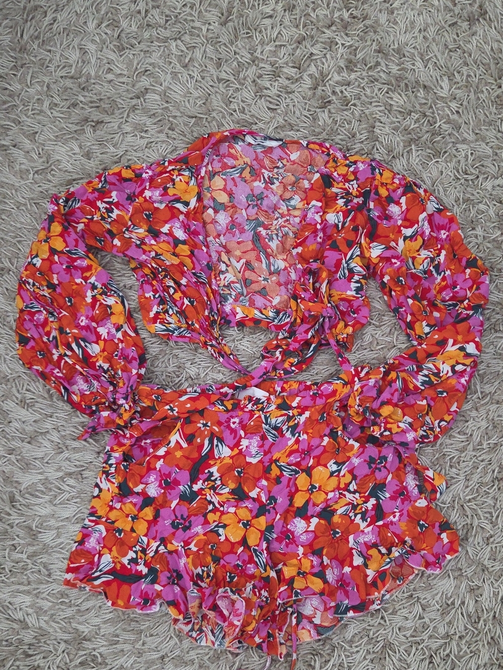 Showpo Floral Tie-Front Crop Top in Pink and Orange